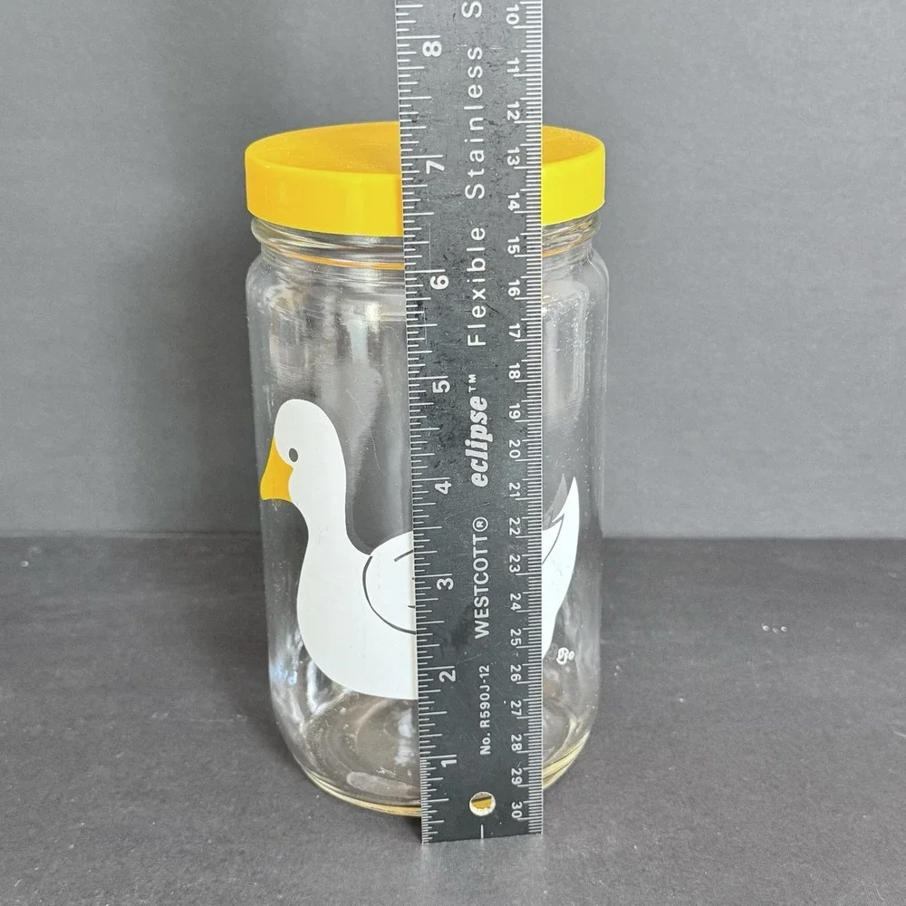 Vintage Clear Glass Jar Canister Duck Theme Print Yellow Lid No‎ Fading No Dmg